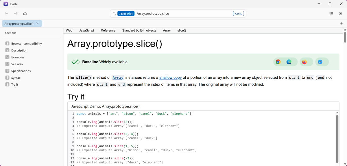 Dash for Windows showing JavaScript API documentation with instant search